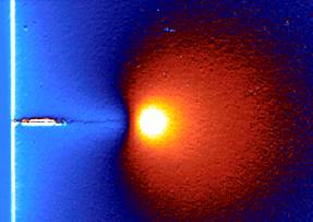 TSA pattern around a crack propagating from the left with its tip in the centre.